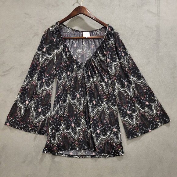 Pink Polkadot Boho Dress Womens Medium Peasant Long Bell Sleeve Tunic Dress - Picture 1 of 5